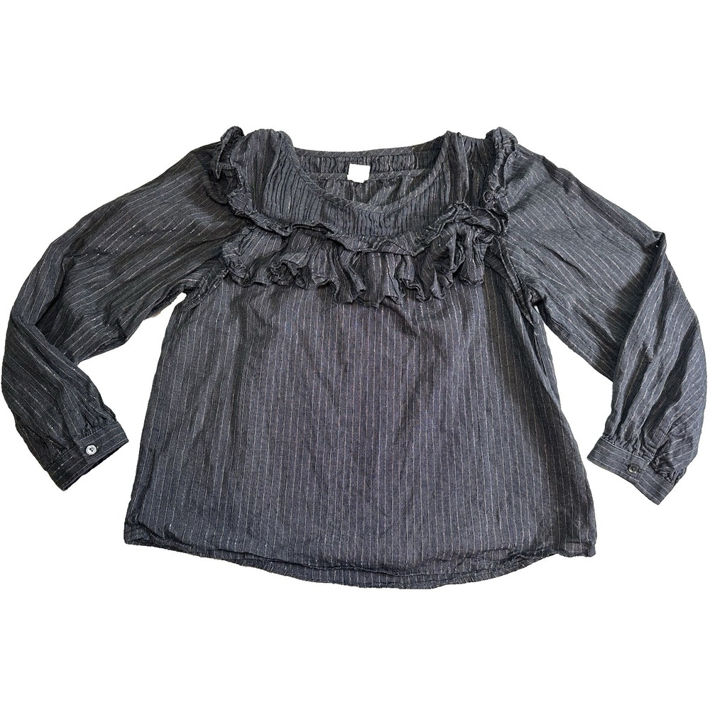 La Vie Rebecca Taylor SIZE SMALL Metallic Stripe Ruffle Blouse Gray Quiet Luxury